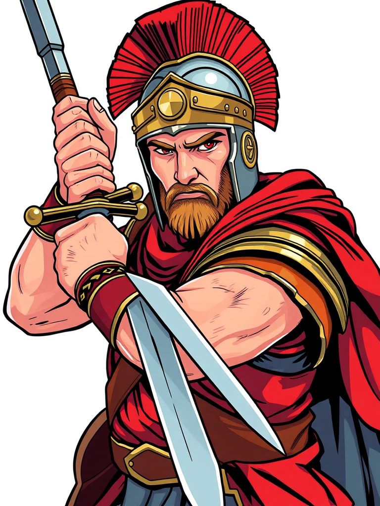 Create a detailed illustration of a Roman soldier wielding a sword, depicted in a dynamic pose with an expressive face, using vibrant colors and clear outlines, captured from a slightly low angle for a heroic effect, using a digital illustration style with high resolution at 300 DPI.