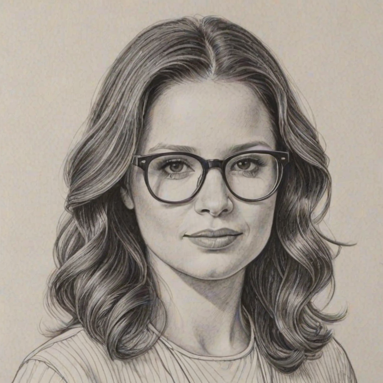 Fetching Katie Lowes, pencil sketch, portrait of Lovely woman 1977s in glasses, hair style beatnik, outline, clear lines, fine lines, 8k