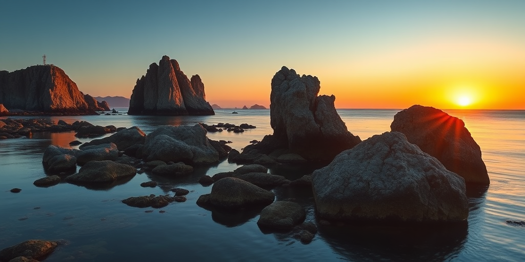Capture a serene coastal landscape at sunset with prominent rock formations and calm water reflections using a Nikon D850 with a 50mm lens, aperture f/8, ISO 200, shutter speed 1/125s, shooting in RAW format for enhanced image quality.