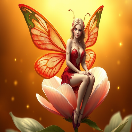 A digital artwork features a winged fairy with delicate Coral butterfly wings, adorned with intricate Spruce andPeriwinkle patterns. She is seated on a vibrant Pearl flower, wearing a revealing red two-piece outfit with sparkling beadwork. Her fair skin, long blonde hair, and gold jewelry add to her ethereal appearance. The background is a warm, golden gradient, creating a magical atmosphere. Small glowing orbs and sparkles surround the flower, enhancing the enchanting, highly detailed, and realistic scene.