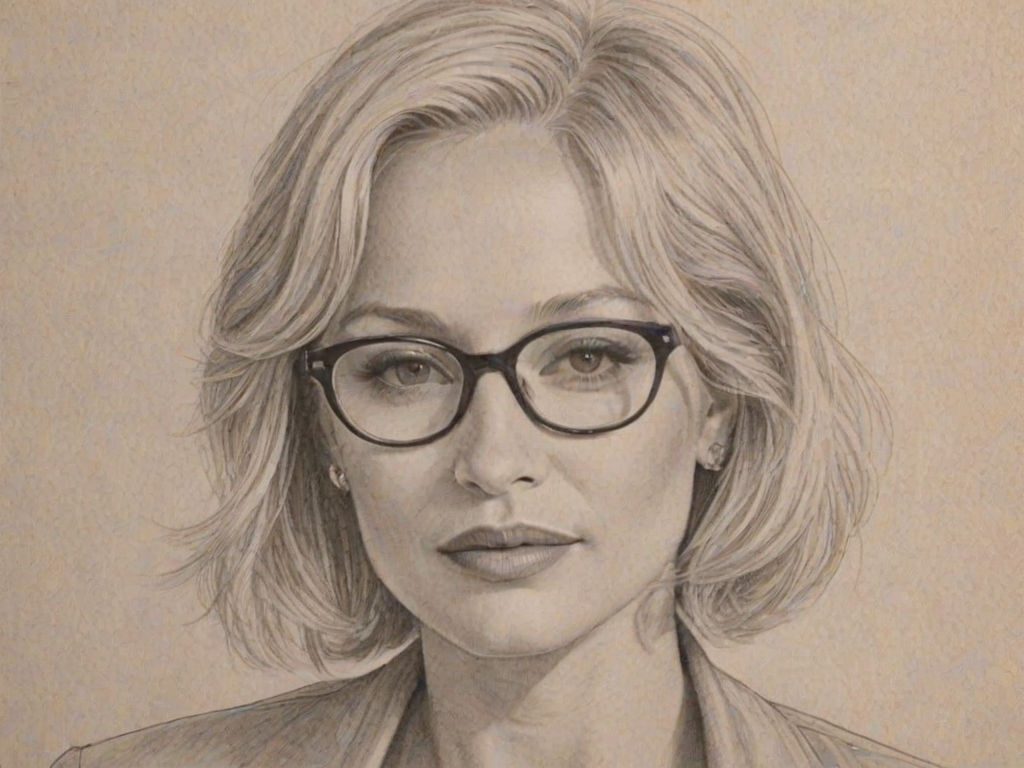 Pleasing Ellen Barkin, pencil sketch, portrait of Stunning woman 1945s in glasses, hair style beatnik, outline, clear lines, fine lines, 8k