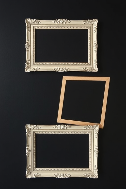 Generate an image of three blank, decorative photo frames arranged diagonally on a black background, using a DSLR camera at f/2.8 aperture, ISO 100, 35mm lens, with a shallow depth of field and natural soft lighting to enhance the image quality.