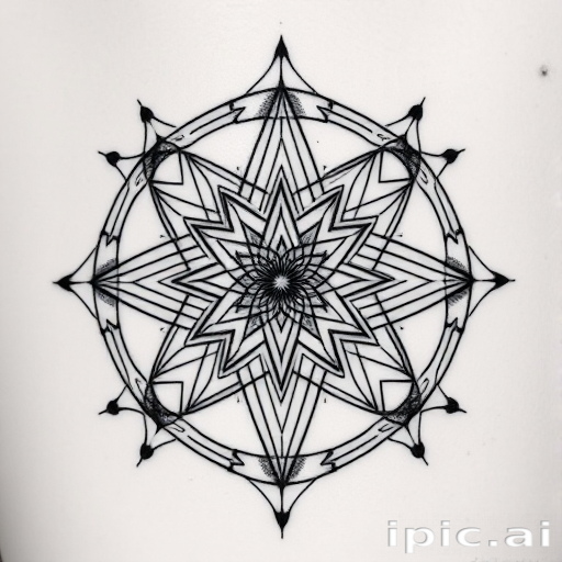 Geometric blackwork tattoo called "Sacred Symmetry" showcasing precise lines and shapes forming complex patterns and optical illusions, with dotwork shading and sacred geometry principles incorporated into the design