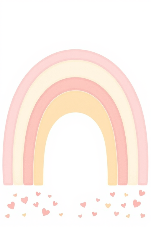 Regenerate a soft pastel illustration of a rainbow with layered arches in pink, cream, and gold, surrounded by small hearts in soft colors, camera settings: ISO 100, f/2.8, shutter speed 1/125s, camera view: top-down, camera style: minimalistic, camera type: digital.
