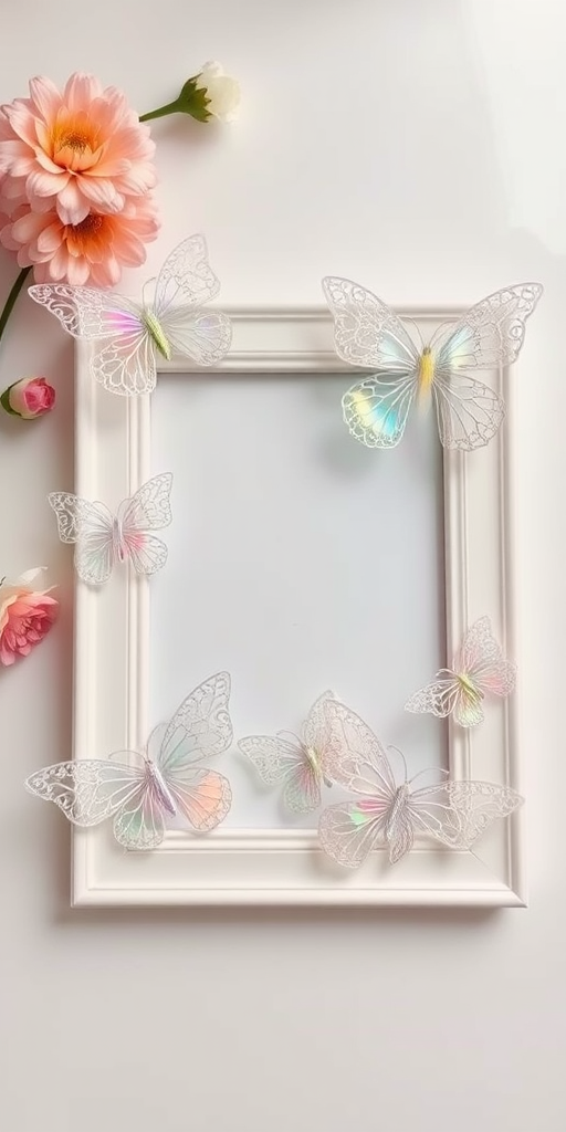 Create an image of delicate, intricately designed butterflies made from translucent material. The butterflies should have a lace-like pattern and display a rainbow iridescence. Arrange them artistically around a simple, elegant picture frame on a smooth, light-colored surface, with a few flowers in the background for added color.