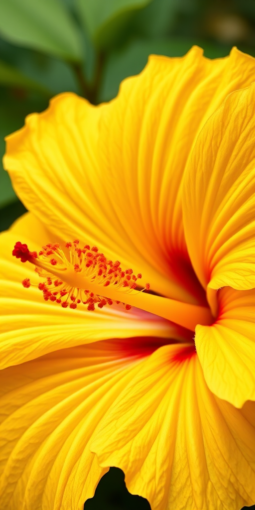 Create a vibrant illustration of a yellow hibiscus flower showcasing intricate petal details and contrasting red stamens, using a macro lens with an aperture of f/2.8, ISO 100, and a soft focus background to enhance image quality.
