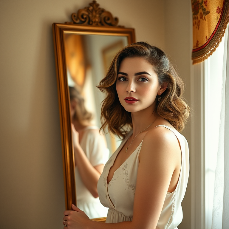 Create a high-resolution image of a vintage woman in a classic pose in front of a mirror, use a Canon EOS R5 camera, 50mm lens, f/1.8 aperture, ISO 100, 1/200 sec shutter speed, soft natural lighting for a warm atmosphere.