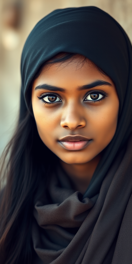 Create a portrait of a young Sri Lankan woman with long, dark hair and captivating hazel eyes. She is wearing a dark headscarf and a matching scarf draped gracefully around her neck. The background is softly blurred, focusing attention on her serene and natural expression. The overall color palette is muted and warm, enhancing the intimate and authentic feel of the portrait.