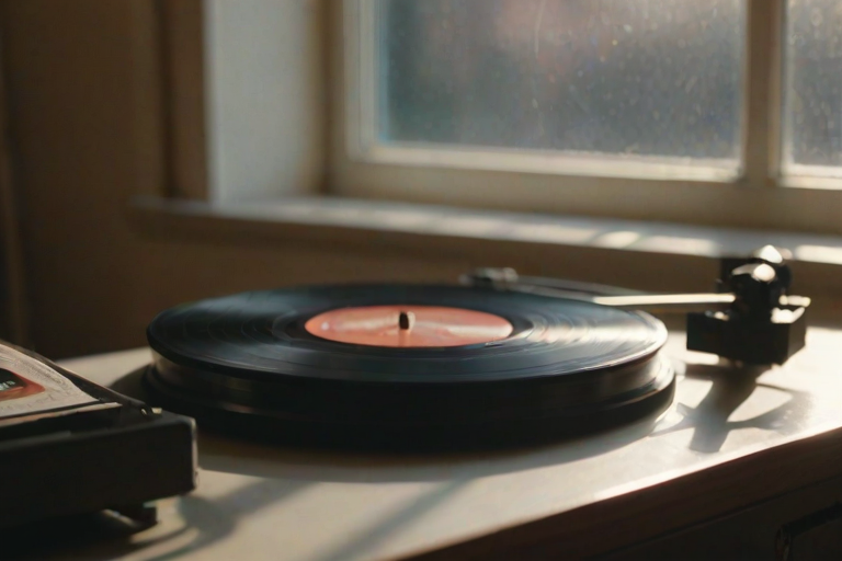 Close-up of a vintage vinyl record spinning on a turntable, soft natural light from a nearby window casting gentle shadows on the record, with album covers scattered in the background.