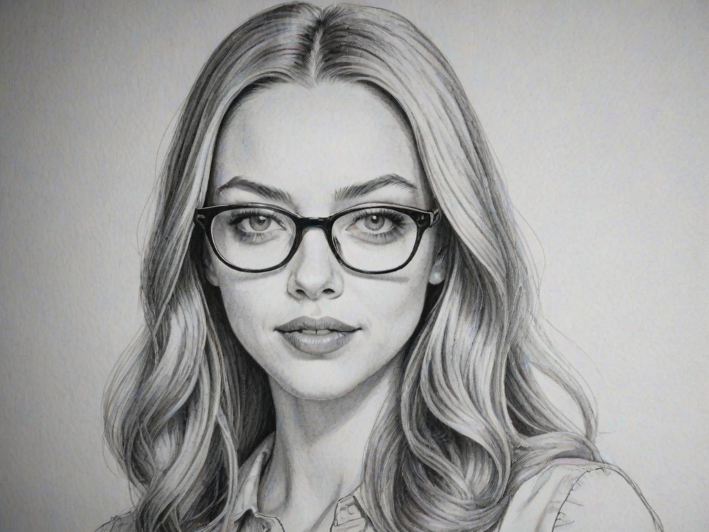 Graceful Amanda Seyfried, pencil sketch, portrait of Resplendent woman 1961s in glasses, hair style beatnik, outline, clear lines, fine lines, 8k