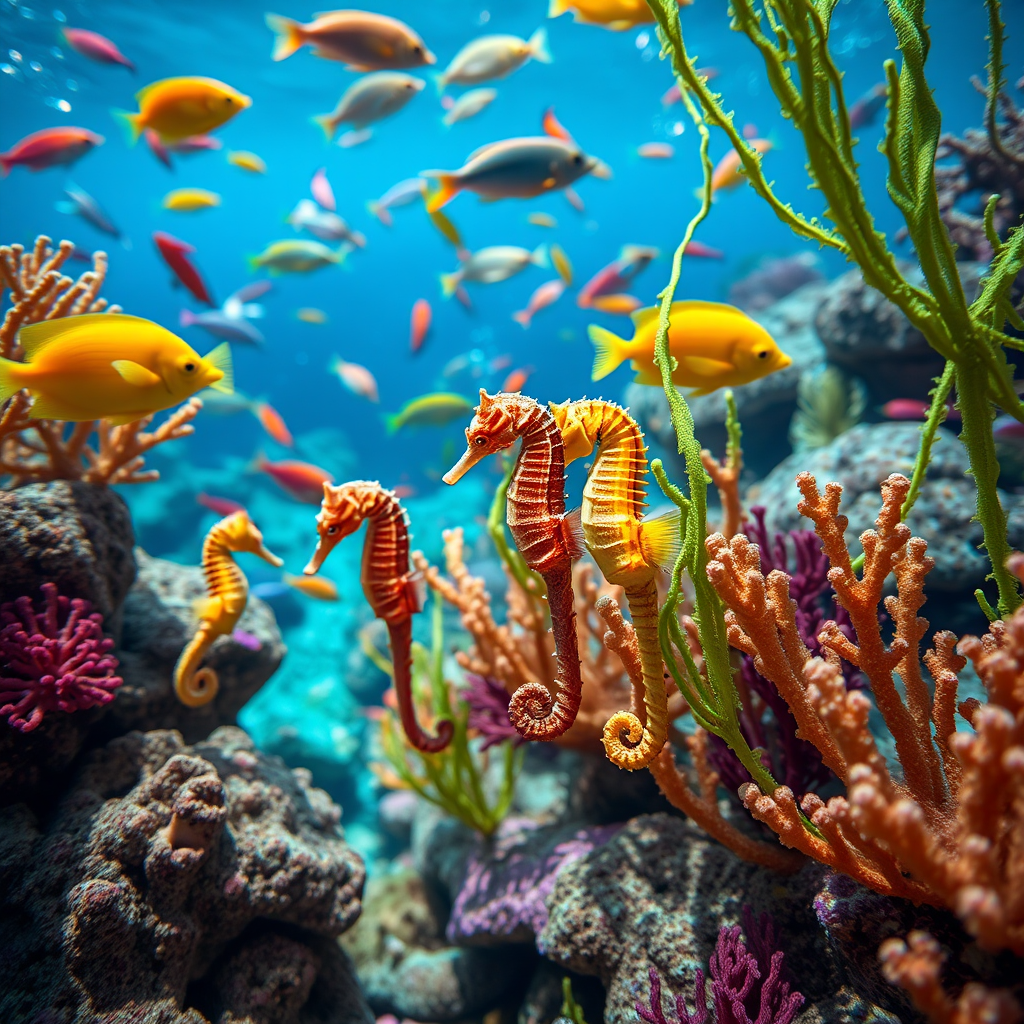 colorful underwater scene with various fish including seahorses, coral, and seaweed, vibrant colors, shallow depth of field, ISO 100, f/2.8, 50mm lens, shot in natural light, digital photography