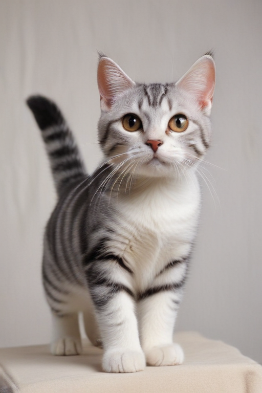 Adorable Silver Tabby Cat Stands Proudly Against a Soft Background