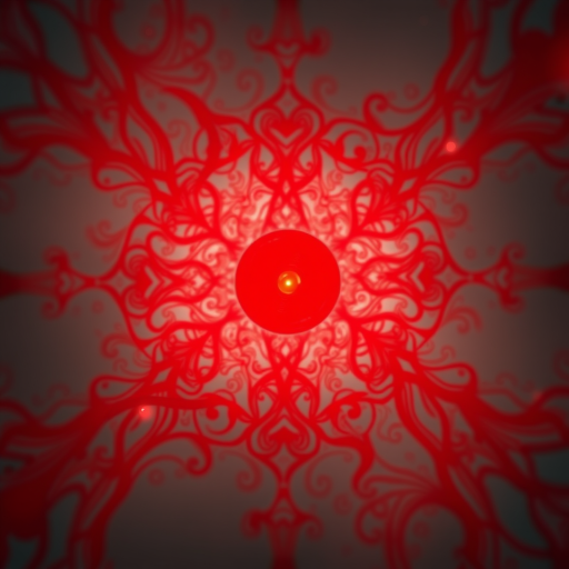create an abstract image featuring a central glowing red orb surrounded by intricate, swirling red patterns using a DSLR camera with a 50mm lens at f/1.8, ISO 100, and a shutter speed of 1/60s, captured from a high angle view with a soft focus for a dreamlike effect
