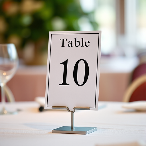 Table number 10 on a metal stand, shot with a DSLR camera, 50mm lens, f/1.8 aperture, ISO 200, 1/100s shutter speed, captured in soft natural light with a shallow depth of field.
