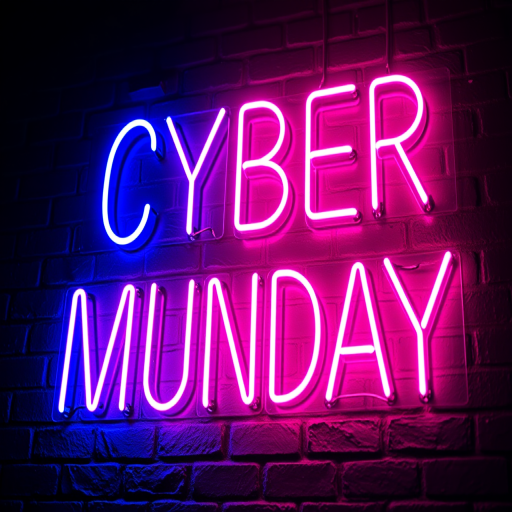 Neon sign displaying "CYBER MONDAY" in blue and pink against a dark brick wall, taken with a DSLR camera, aperture f/2.8, ISO 100, shutter speed 1/60s, 50mm lens, high contrast lighting, low angle view.
