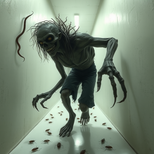 a crooked male with long arms and a creepy smile is crawling along a long white corridor and you can also see cockroaches in it there is a creepy atmosphere creepy art style