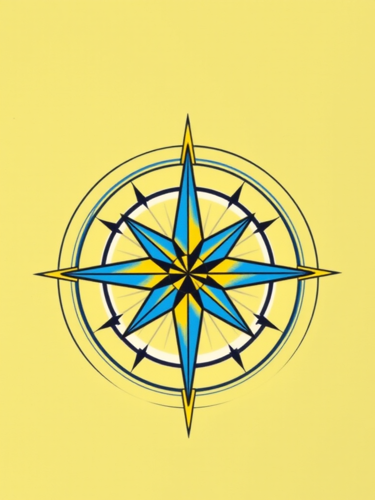 Create a detailed illustration of a compass rose with a blue and yellow star design, set against a light olive background, using a DSLR camera with a 50mm lens, f/2.8 aperture, ISO 100, and soft natural lighting, capturing a close-up view for enhanced clarity and detail.