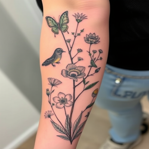 Botanical illustration tattoo named "Flora Fauna Fusion" featuring scientifically accurate depictions of plants and animals with a vintage naturalist sketch aesthetic