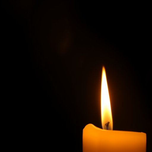 Close-up of a candle’s flame flickering in the darkness, soft golden light illuminating the surrounding area, with shadows dancing on the walls and a sense of calm filling the air.
