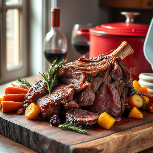 Soft, diffused natural light from a large window on the left, with a white reflector on the right for fill. 45-degree angle view, shallow depth of field focusing on the succulent meat. A tender beef roast, marinated and slow-cooked in Barolo wine, presented on a rustic wooden board. The meat is falling apart, glistening with a rich, deep red wine reduction sauce. Surrounding the roast, a colorful mirepoix of carrots, onions, and celery, their edges caramelized and infused with the wine's flavor. A small bunch of fresh rosemary and thyme as garnish. In the background, a half-filled glass of Barolo wine and a Le Creuset Dutch oven, hinting at the cooking method. 8K resolution, photorealistic rendering with intricate textures of the meat fibers and vegetable pieces.