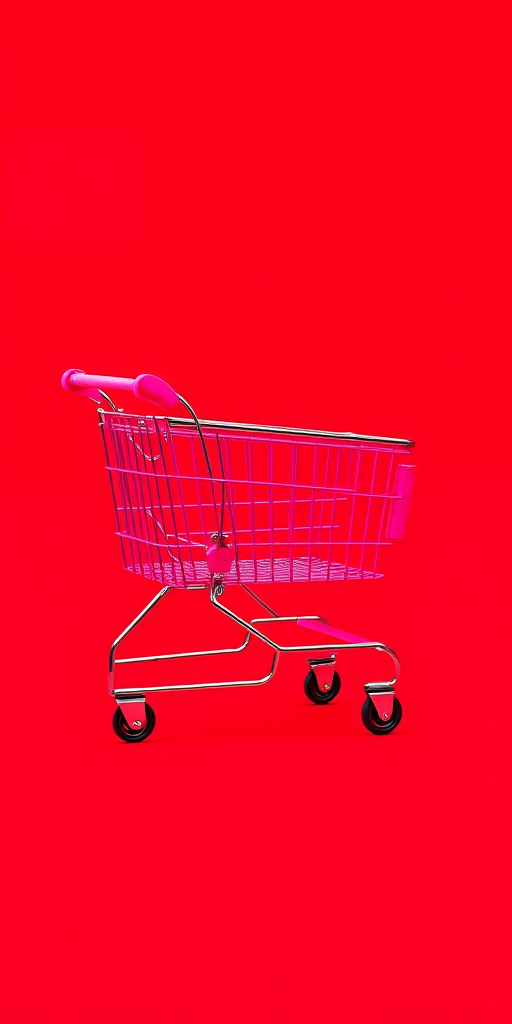 create a vibrant graphic of a shopping cart in bright pink against a contrasting red background, use a 50mm lens with f/2.8 aperture, shot from a slightly elevated angle for depth, using a DSLR camera with high saturation and sharpness settings