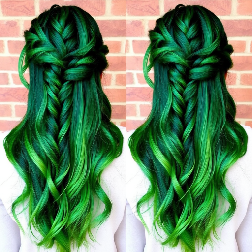 Enchanted Forest Locks boast a rich emerald green ombre effect, transitioning from deep forest tones at the roots to lighter lime hues at the tips, styled in loose bohemian braids