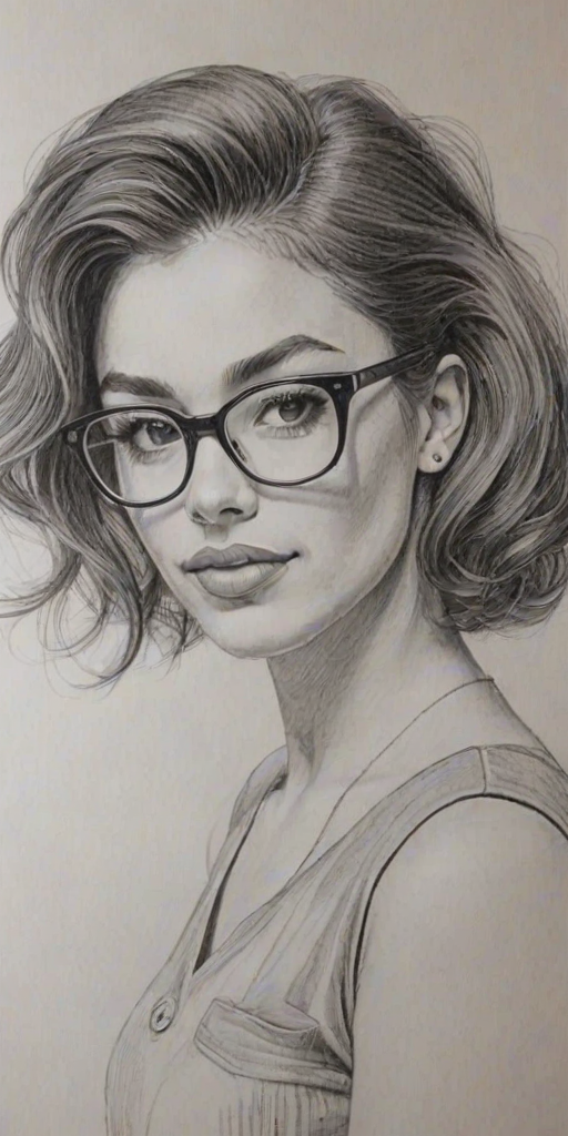 Enticing Danielle Peazer, pencil sketch, portrait of Lovely woman 1958s in glasses, hair style beatnik, outline, clear lines, fine lines, 8k