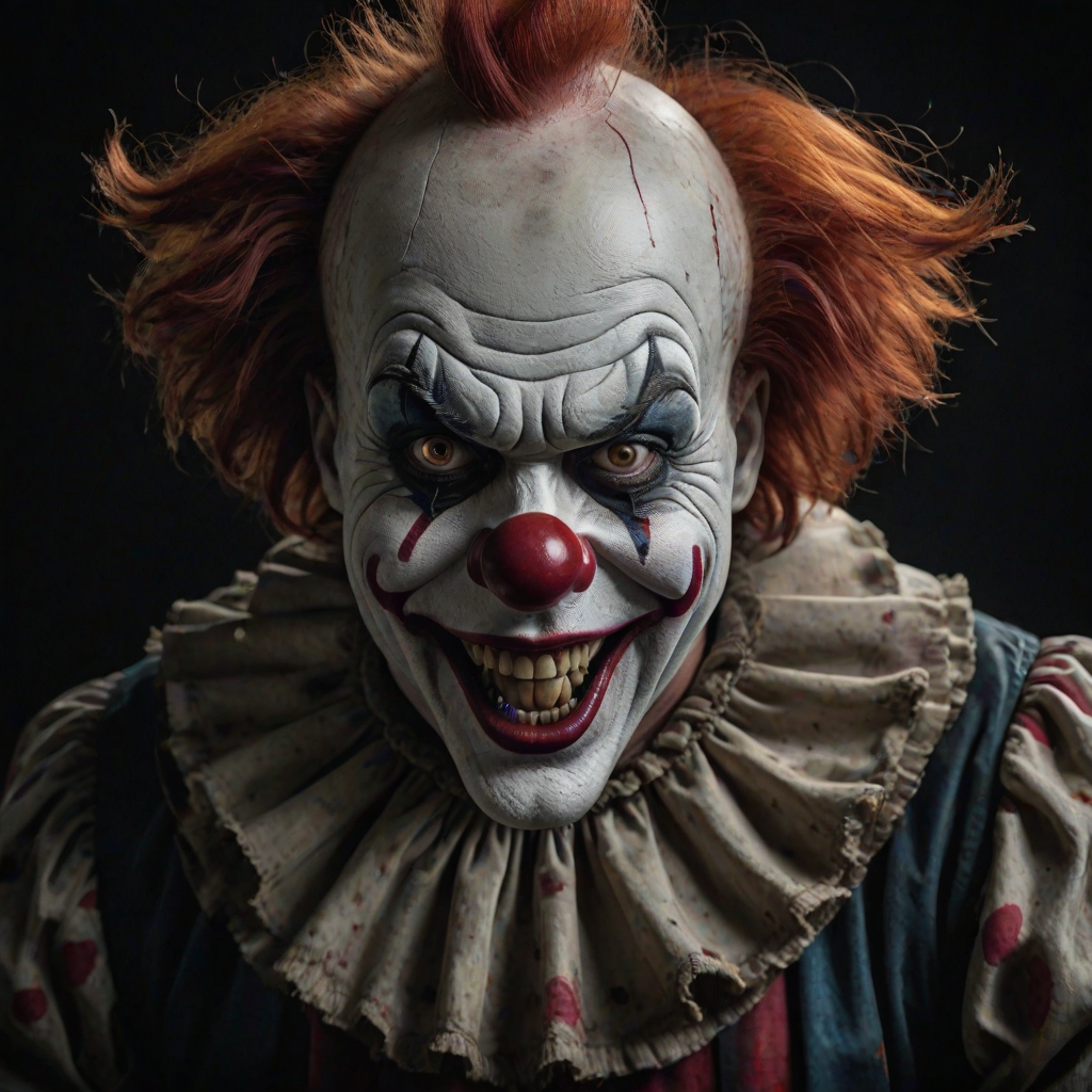 Create a hyper-realistic, dark, and eerie clown with a sinister smile, set against a black background. The clown should have exaggerated makeup with sharp, contrasting colors to enhance its menacing appearance. The overall atmosphere should be unsettling and intense, capturing a sense of horror and suspense