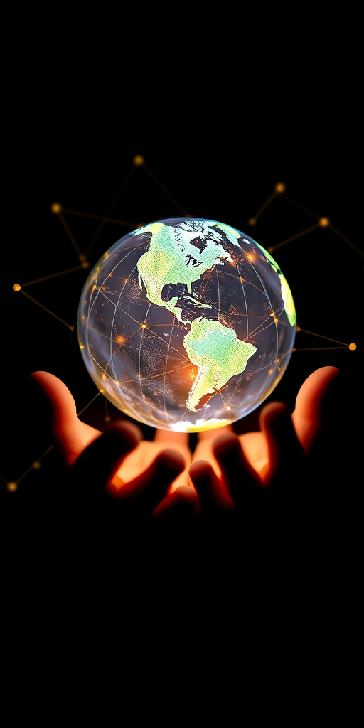 a glowing globe interconnected with network lines held between two hands, studio lighting, f/2.8 aperture, ISO 200, 50mm lens, shallow depth of field, high dynamic range imaging, captured with a DSLR camera