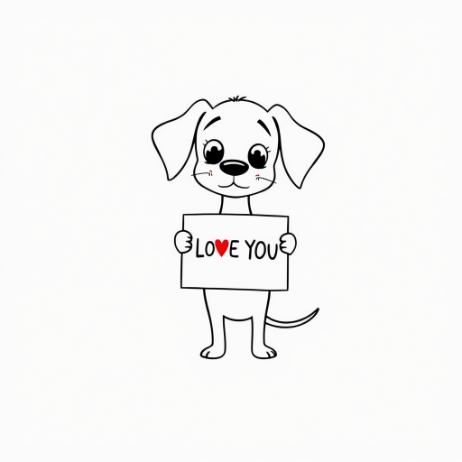 A minimalist cartoon of a PUPPY standing on a blank white background, holding a sign that simply says, 'I LOVE YOU.' The puppy is drawn with just a few lines: big eyes, whiskers, floppy ears, and a straight tail, giving it a comically desperate expression.