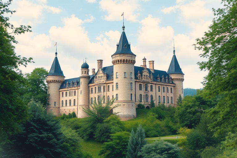 regenerate a vibrant watercolor painting of a historic castle complex surrounded by lush greenery, captured with a Canon EOS 5D Mark IV, 24mm lens, f/8 aperture, ISO 100, in natural light, showcasing intricate architectural details and soft sky hues in a wide-angle view