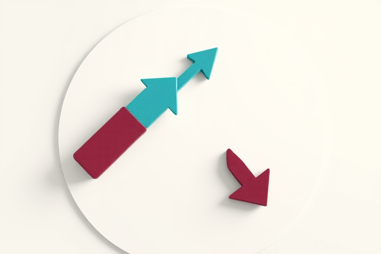 Create an illustration featuring two arrows in contrasting colors, one turquoise pointing up and one maroon pointing down, set against a circular white background with a subtle shadow effect, captured using a 50mm lens at f/8 aperture, ISO 100, with a soft focus and vibrant color enhancement, taken with a DSLR camera from a top-down perspective.