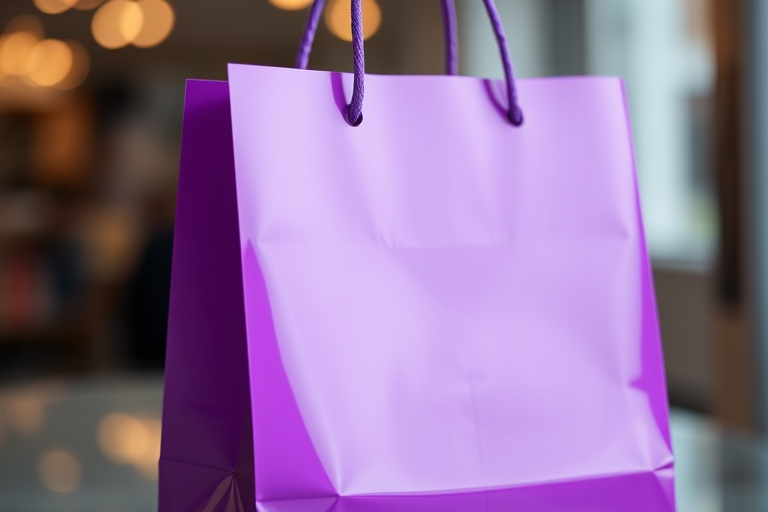 Create a vibrant purple shopping bag with a glossy finish, shot with a Canon EOS 5D Mark IV at 50mm, f/2.8, ISO 100, with soft diffused lighting and a shallow depth of field to enhance details and colors.