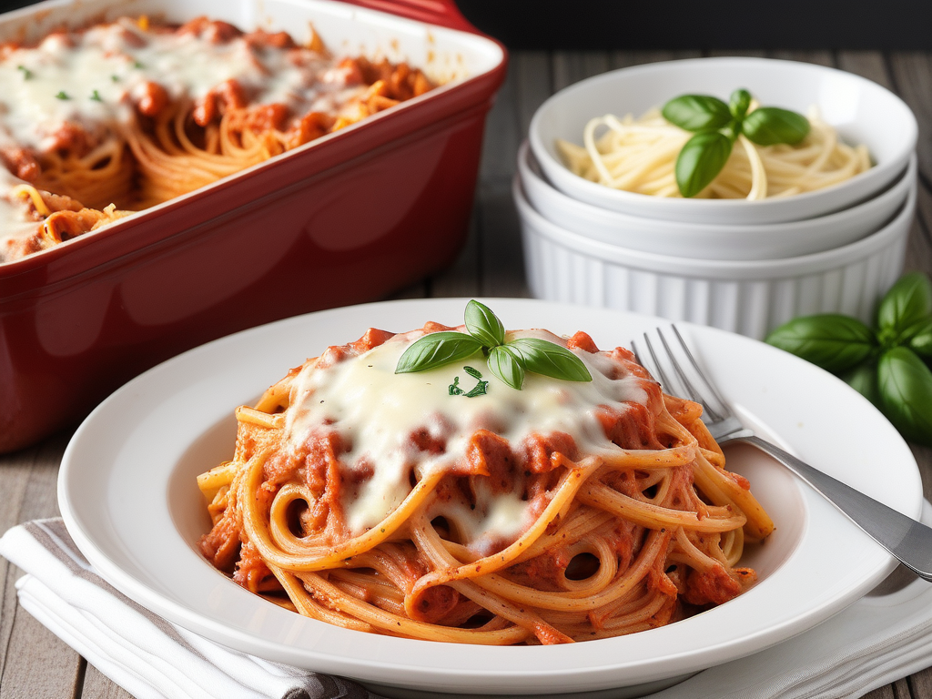baked spaghetti with alfredo and red sauce
