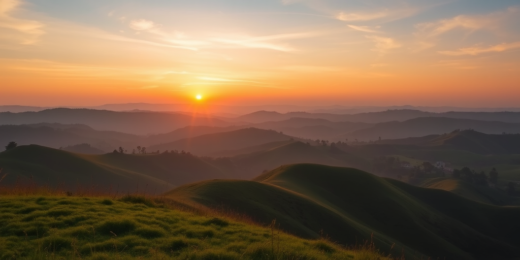Create a high-resolution image of a serene landscape with rolling hills and a sunset in the background, using a 50mm lens, aperture set to f/8, shutter speed 1/125s, ISO 100, captured from a low angle to emphasize the foreground, in a DSLR camera style.