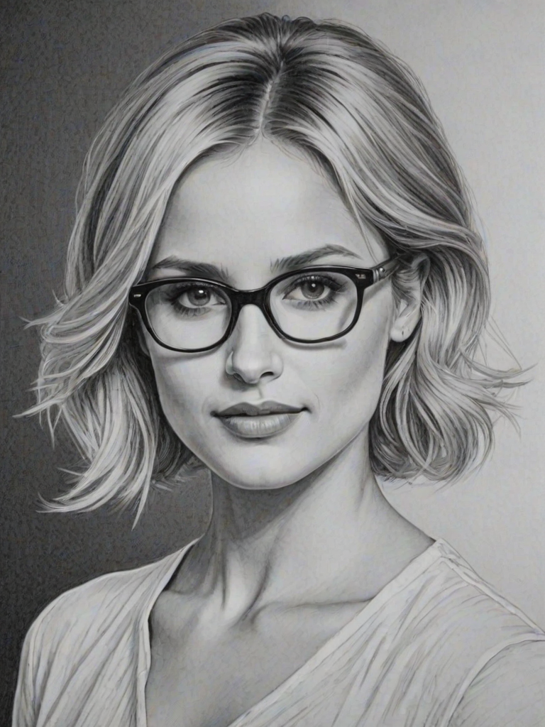 Appealing Dianna Agron, pencil sketch, portrait of Beauteous woman 1965s in glasses, hair style beatnik, outline, clear lines, fine lines, 8k