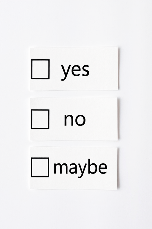 Generate an image of three checkboxes labeled "yes," "no," and "maybe" with a clean modern design, using a DSLR camera at f/2.8 aperture, ISO 100, and a focal length of 50mm, shot from a top-down view with soft natural lighting.