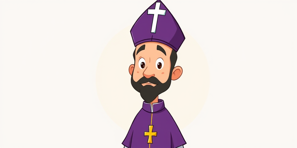 Create a cartoon-style illustration of a bishop wearing a purple robe and a hat with a white cross, depicted standing still with a neutral expression, using a digital art style, 300 DPI resolution, 4K quality, wide-angle camera view, with a soft focus for enhanced depth.