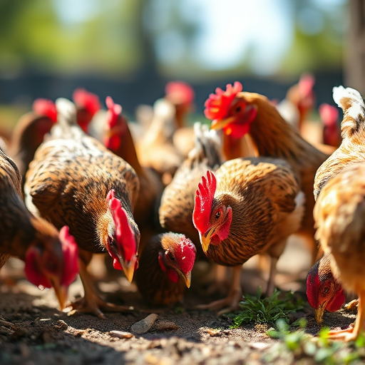 Capture a close-up shot of a flock of chickens pecking at the ground, with a shallow depth of field to blur the background, using a DSLR camera with a 50mm lens at f/2.8, ISO 200, and a shutter speed of 1/400s, in natural sunlight to enhance colors and textures.