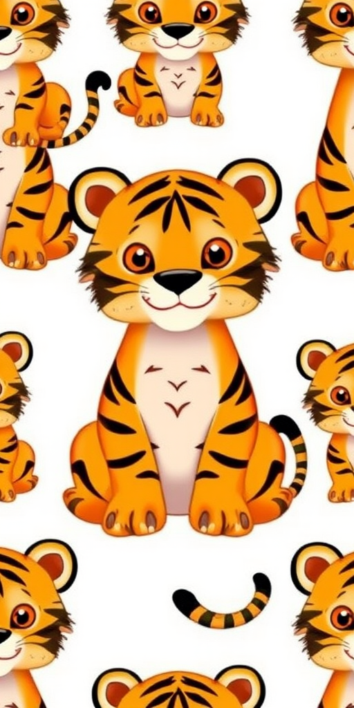 Create a seamless pattern featuring playful cartoon tigers with distinct black stripes and orange eyes sitting on a white background, captured in a high-resolution format with a DSLR camera, 50mm lens, f/2.8 aperture, ISO 100, and a shallow depth of field to enhance the colors and details.