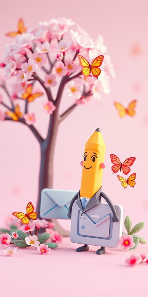 Create a vibrant 3D illustration featuring a cartoon pencil character in a business suit standing next to a blooming tree and an email symbol, surrounded by colorful butterflies and soft pink lighting, captured with a DSLR camera at f/2.8 aperture, 50mm lens, ISO 100, with a shallow depth of field and side lighting for enhanced texture.