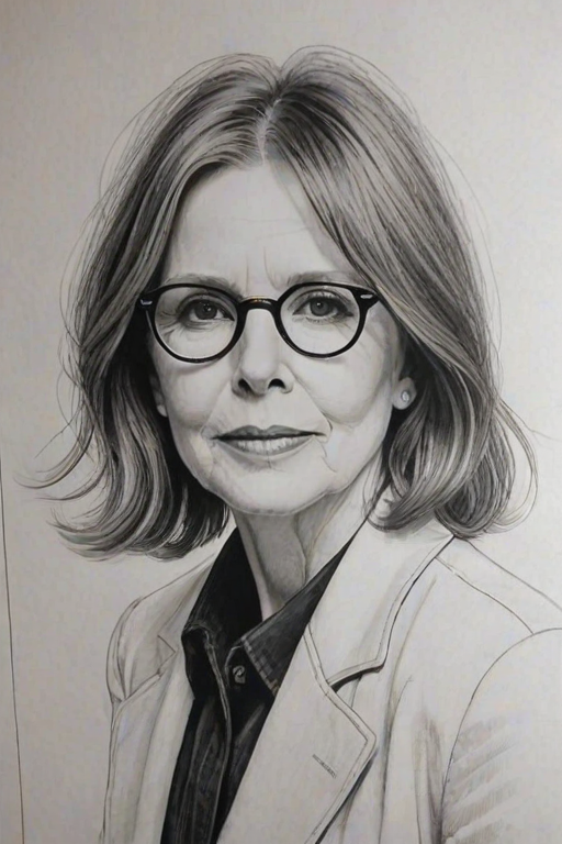 Magnificent Diane Keaton, pencil sketch, portrait of Fascinating woman 1932s in glasses, hair style beatnik, outline, clear lines, fine lines, 8k