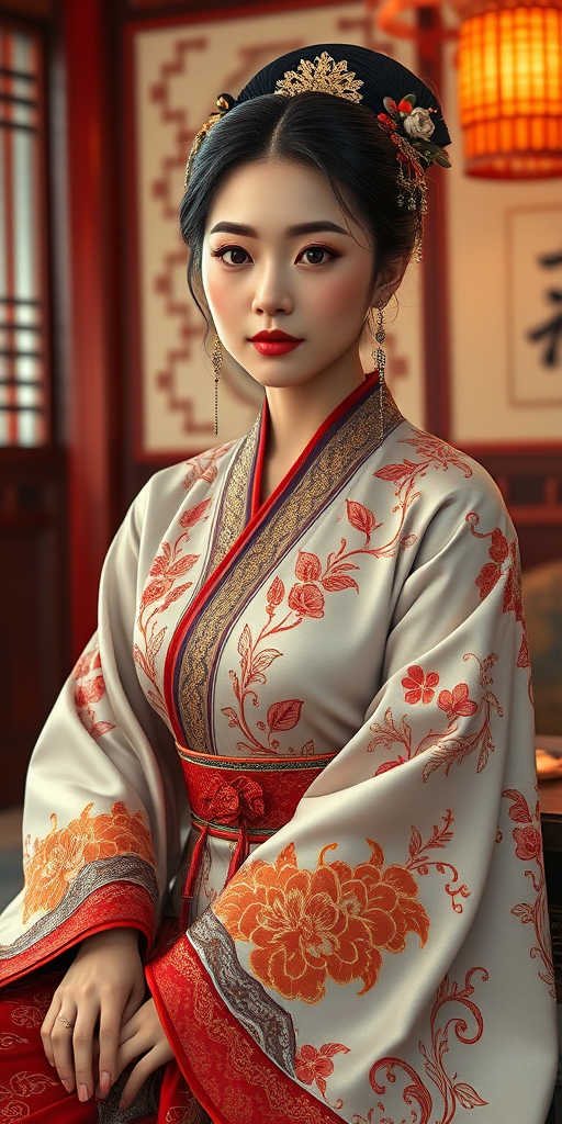 A beautiful woman in traditional East Asian attire, intricately detailed with embroidered patterns, sitting gracefully in a richly decorated room, soft ambient lighting, serene and elegant, ultra-realistic, 8K resolution
