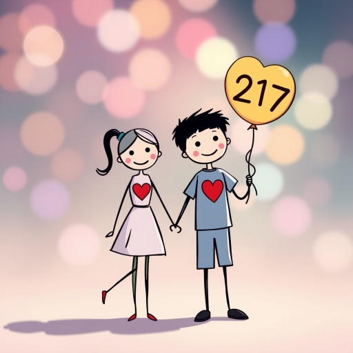 Create a vibrant illustration of two stick figures holding hands, with the girl wearing a dress and the boy in a t-shirt and shorts, both having red hearts on their chests, the boy holding a balloon labeled 2017, captured in a high-resolution digital artwork style, using a Canon EOS R5 with a 50mm f/1.8 lens, aperture set at f/2.8, and a soft focus background to enhance clarity and color vibrance.