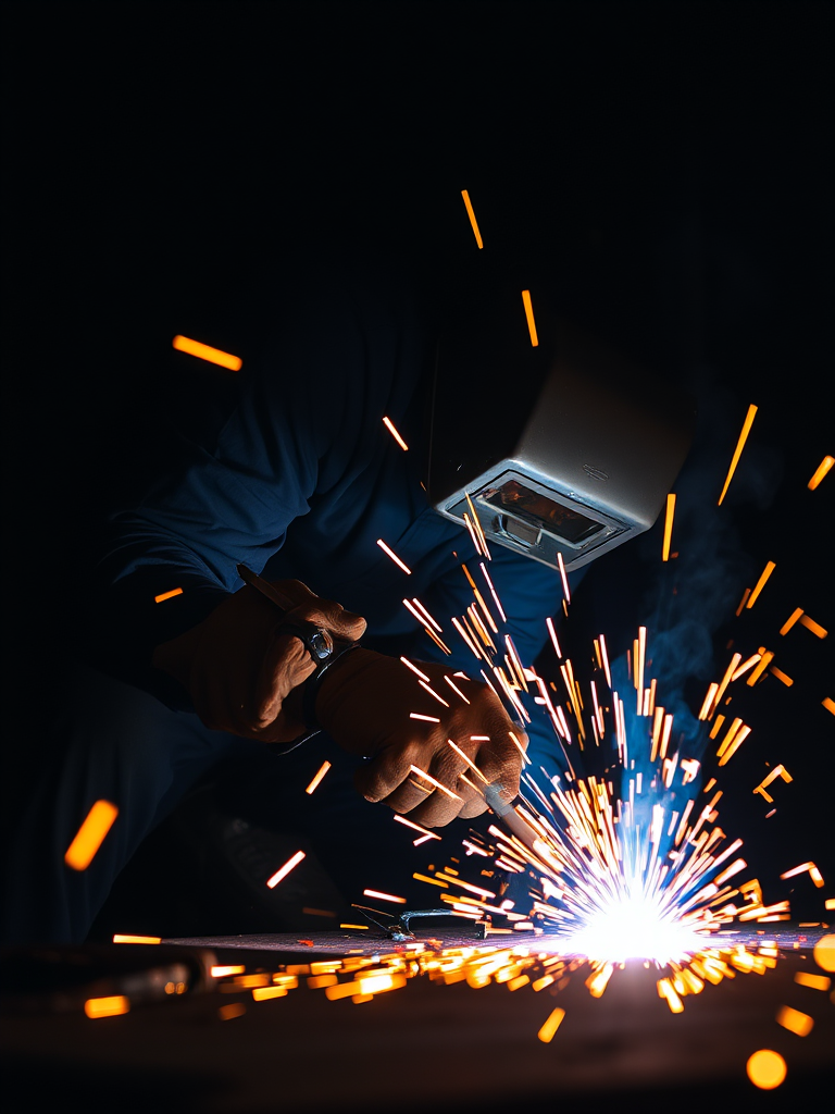 generate an image of a welder working in a dark environment with bright sparks flying, using a DSLR camera, f/2.8 aperture, ISO 800, 1/60 sec shutter speed, shot from a low angle with a shallow depth of field for dramatic effect