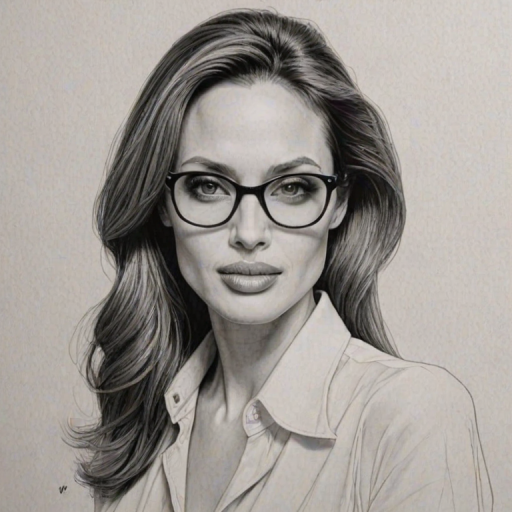 Delightful Angelina Jolie, pencil sketch, portrait of Delightful woman 1973s in glasses, hair style beatnik, outline, clear lines, fine lines, 8k