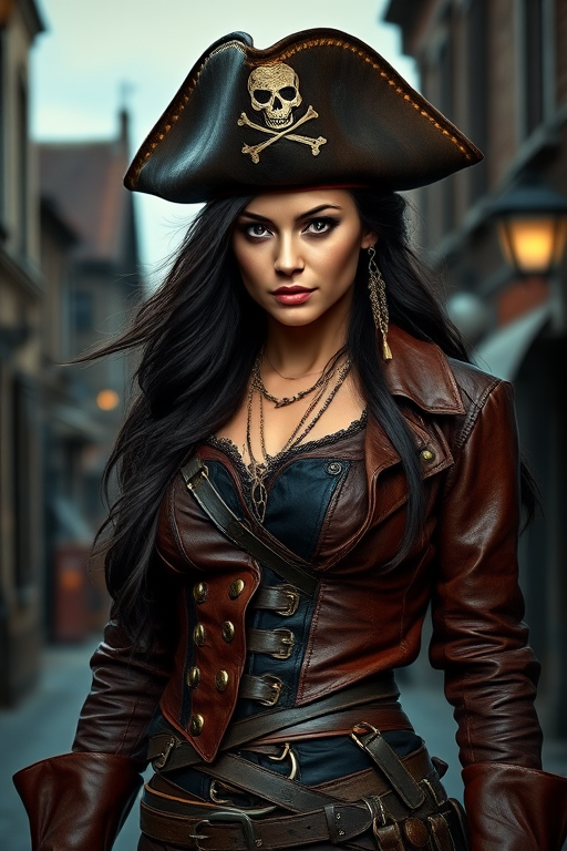 Create a portrait of a fierce female pirate. She wears a leather tricorn hat adorned with a skull and crossbones emblem, and her long, dark hair flows around her face. Her outfit consists of a richly detailed leather jacket, a corset, and multiple layers of belts and accessories, giving her a formidable and stylish appearance. She stands confidently in a dimly lit, historic port town, with a backdrop of weathered buildings and cobblestone streets, capturing the adventurous spirit of a pirate.