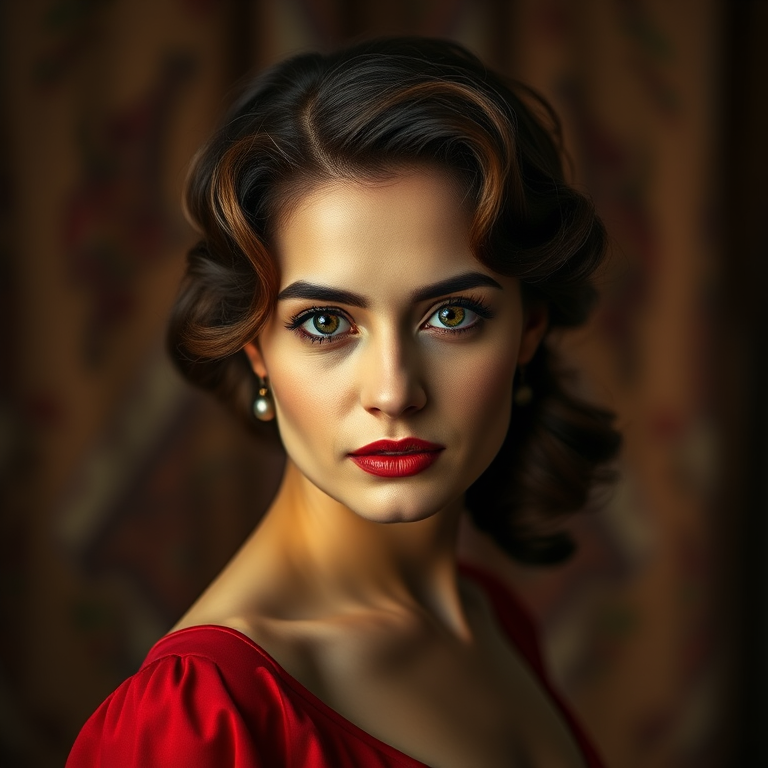 portrait of a woman with classic vintage hairstyle and red dress, soft focus background, dramatic lighting, shot with a Canon EOS R5, 85mm f/1.2 lens, ISO 100, aperture f/2.8, high dynamic range, studio lighting