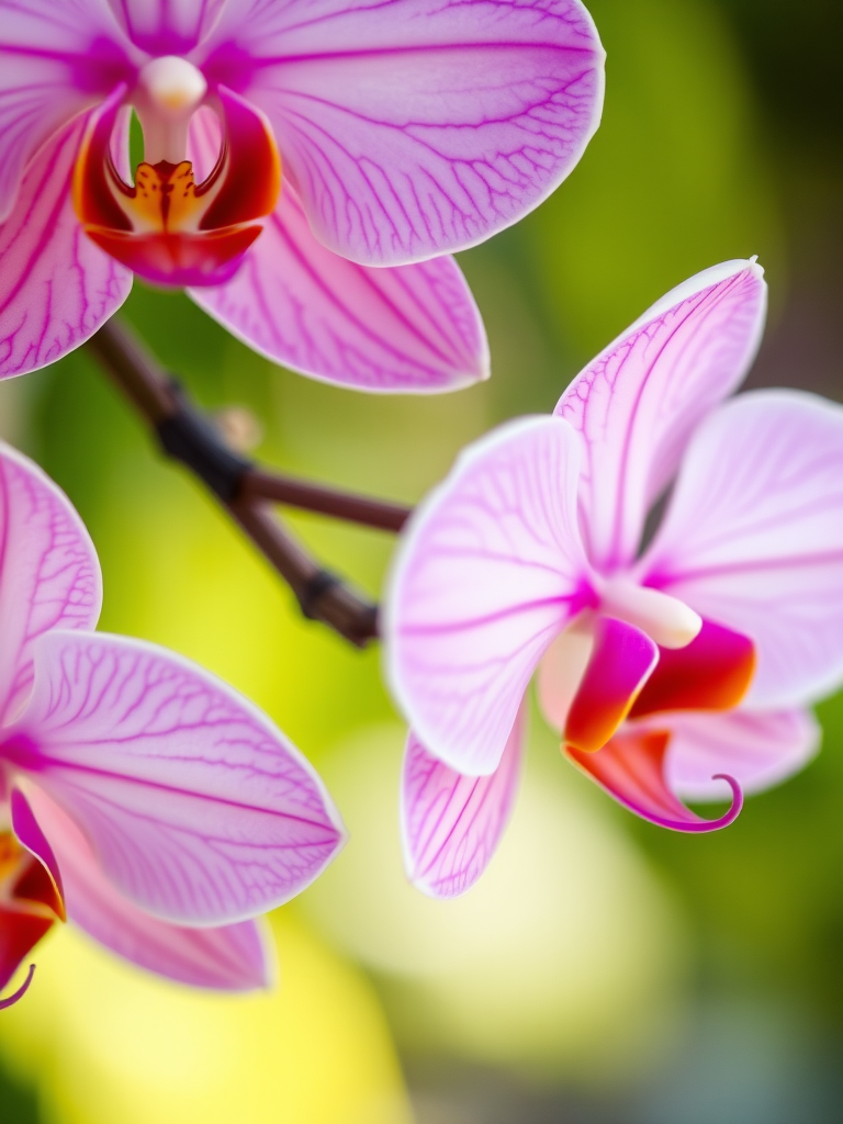 capture a close-up of vibrant pink and white orchids with a shallow depth of field, use a macro lens, aperture f/2.8, ISO 100, natural lighting, focus on intricate petal textures, with a blurred green background