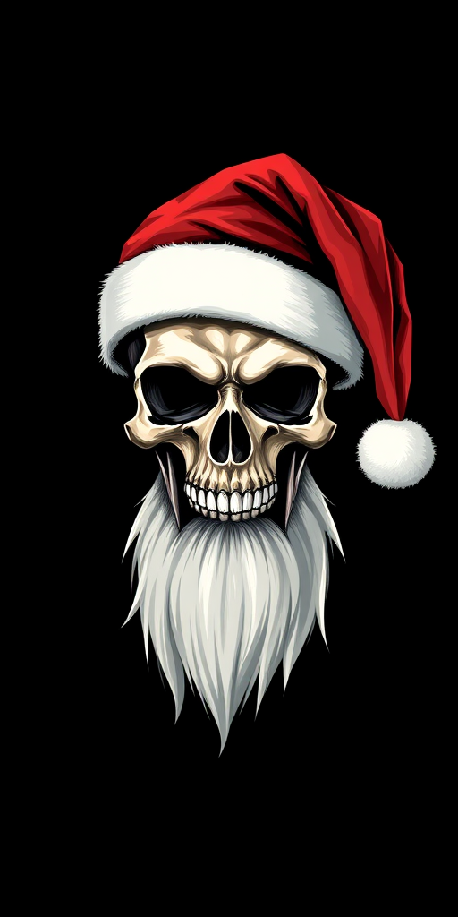 Create a high-resolution illustration of a menacing skull wearing a Santa hat with a long white beard, set against a solid black background, captured using a DSLR camera with a 50mm lens at f/1.8, ISO 100, and a slight vignette effect for emphasis.